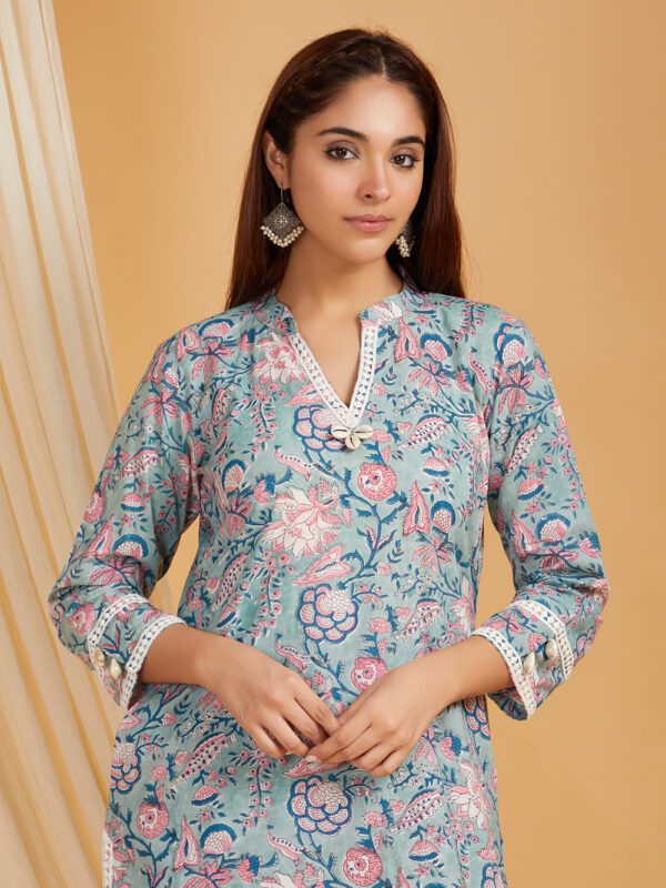 Grey Hand Block Printed Cotton Straight Kurta with Palazzo- with crochet lace detail Set of 2 - Image 6