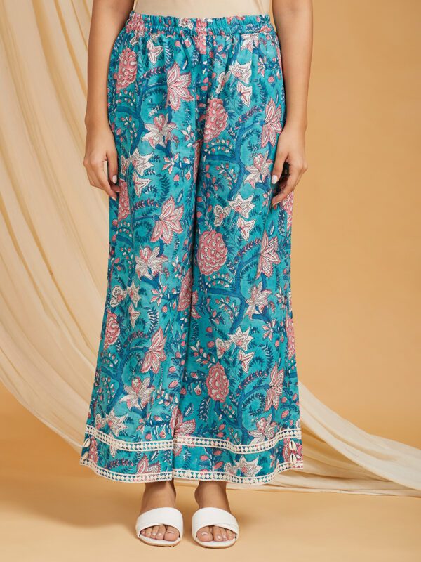 Blue Hand Block Printed Cotton Straight Kurta with Palazzo- with crochet lace detail Set of 2 - Image 2
