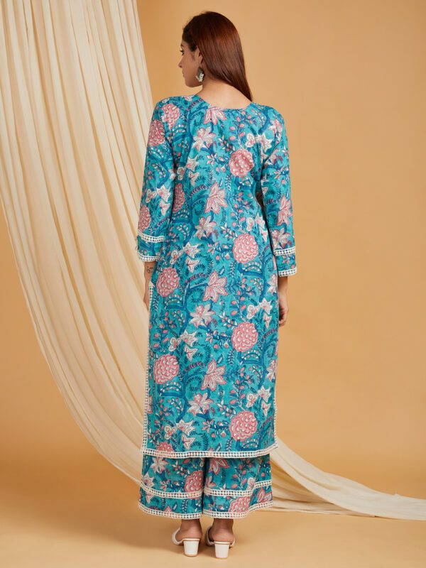 Blue Hand Block Printed Cotton Straight Kurta with Palazzo- with crochet lace detail Set of 2 - Image 3