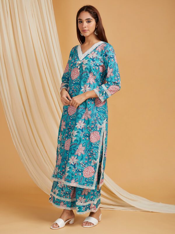 Blue Hand Block Printed Cotton Straight Kurta with Palazzo- with crochet lace detail Set of 2 - Image 4