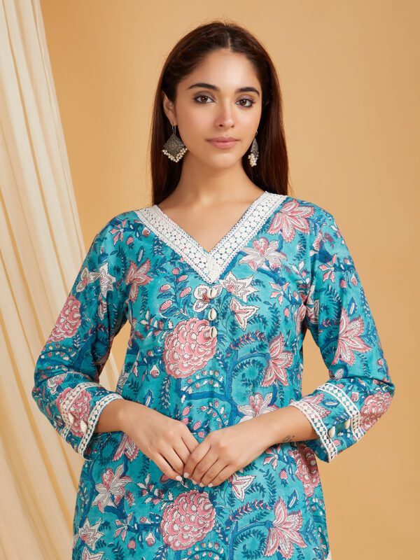 Blue Hand Block Printed Cotton Straight Kurta with Palazzo- with crochet lace detail Set of 2 - Image 5
