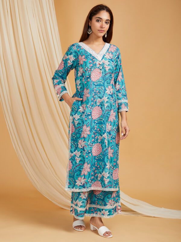 Blue Hand Block Printed Cotton Straight Kurta with Palazzo- with crochet lace detail Set of 2 - Image 6