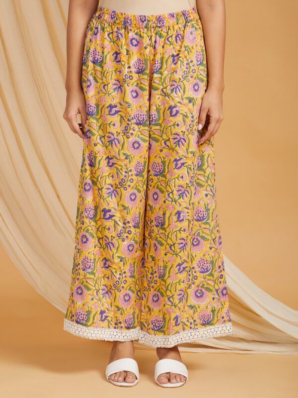 Yellow Hand Block Printed Cotton A-Line Kurta with Palazzo- with crochet lace detail Set of 2 - Image 2