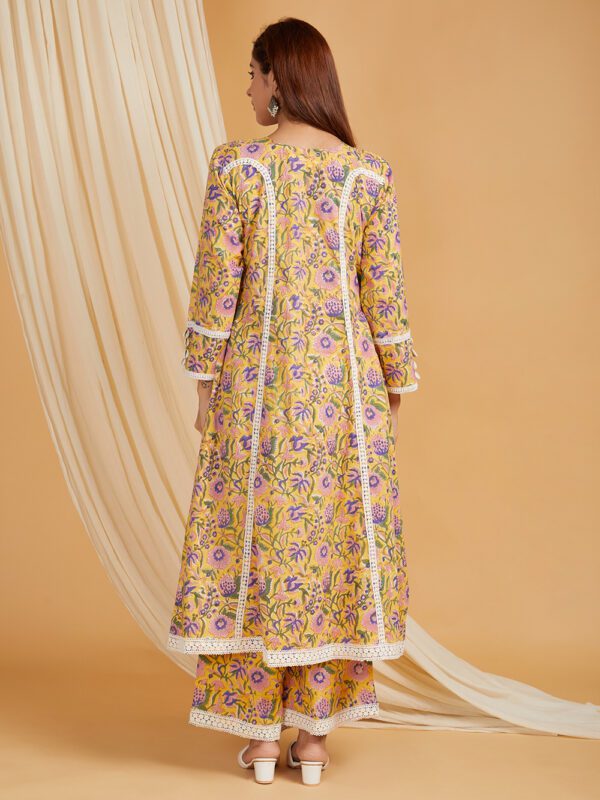 Yellow Hand Block Printed Cotton A-Line Kurta with Palazzo- with crochet lace detail Set of 2 - Image 3