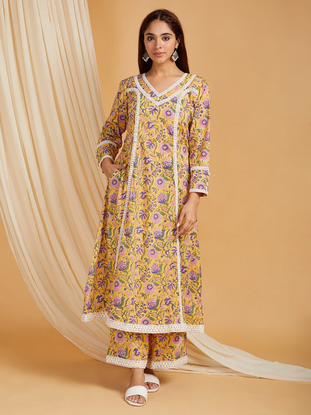 Yellow Hand Block Printed Cotton A-Line Kurta with Palazzo- with crochet lace detail Set of 2