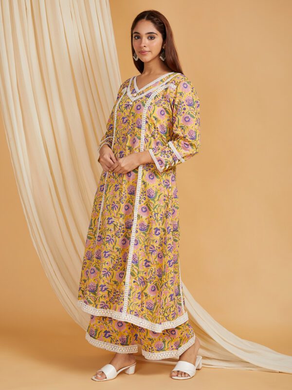 Yellow Hand Block Printed Cotton A-Line Kurta with Palazzo- with crochet lace detail Set of 2 - Image 5