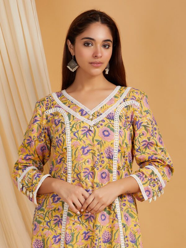 Yellow Hand Block Printed Cotton A-Line Kurta with Palazzo- with crochet lace detail Set of 2 - Image 6
