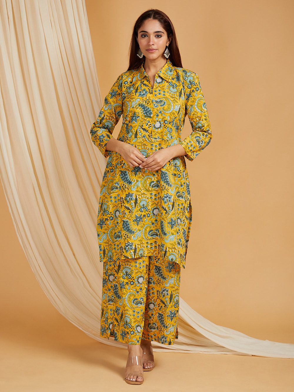Hand Block Printed Cotton Straight Kurta with Side pockets and Palazzo Set of 2