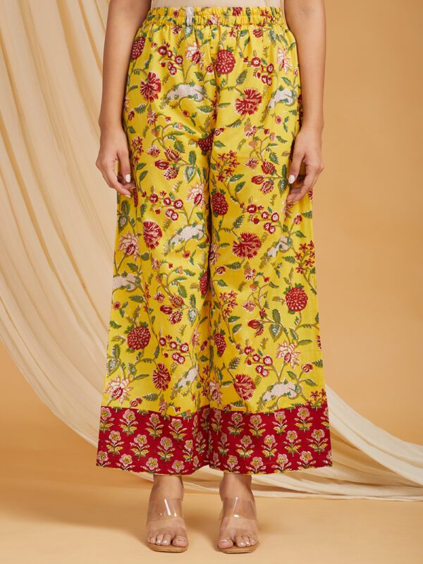 Yellow-Red Hand Block Printed Cotton Flared Kurta with Palazzo Set of 2 - Image 2