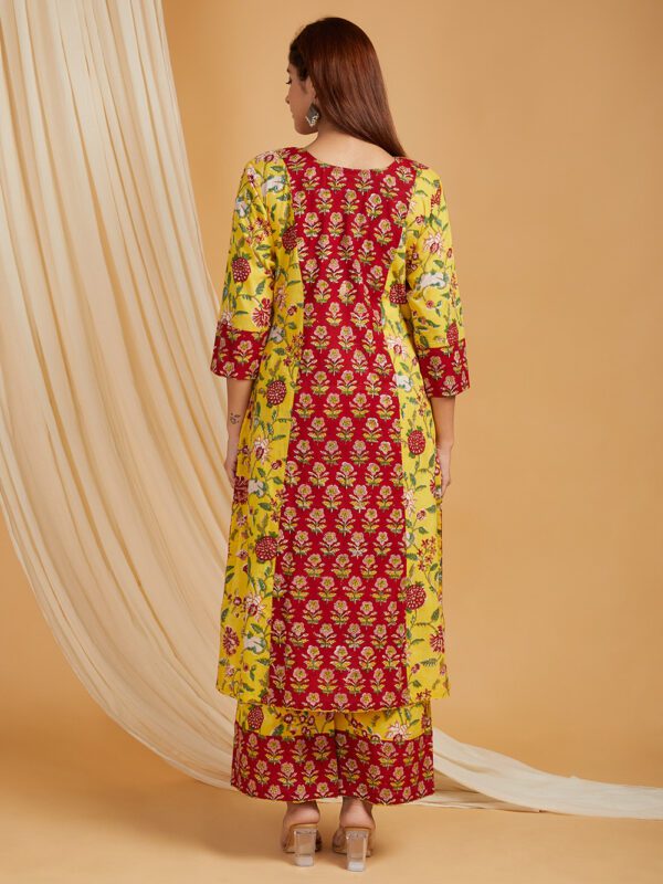 Yellow-Red Hand Block Printed Cotton Flared Kurta with Palazzo Set of 2 - Image 3