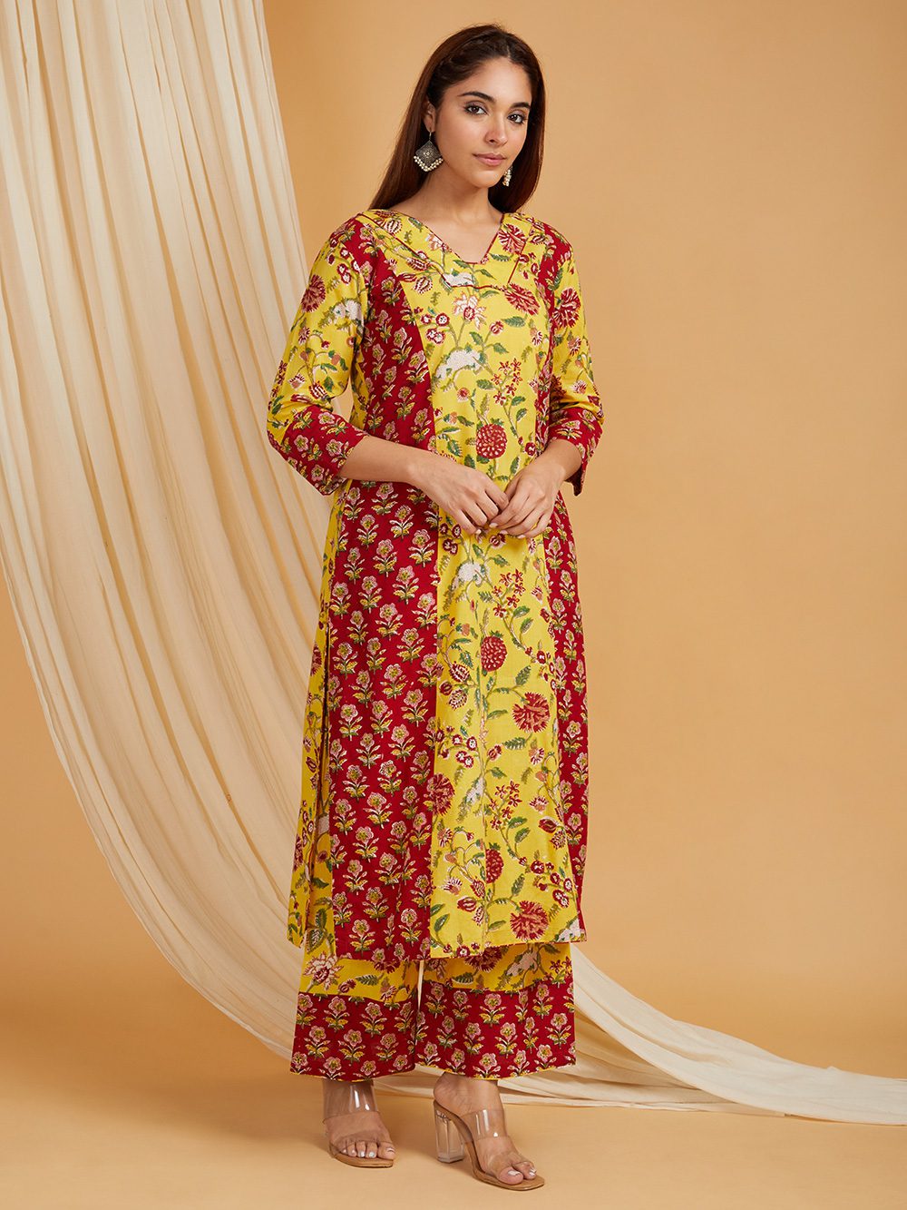 Yellow-Red Hand Block Printed Cotton Flared Kurta with Palazzo Set of 2