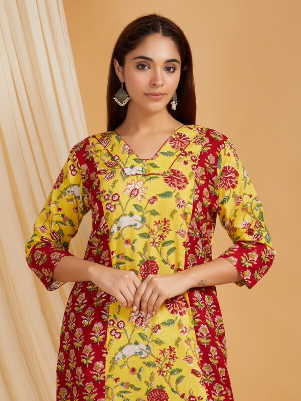 Yellow-Red Hand Block Printed Cotton Flared Kurta with Palazzo Set of 2 - Image 6