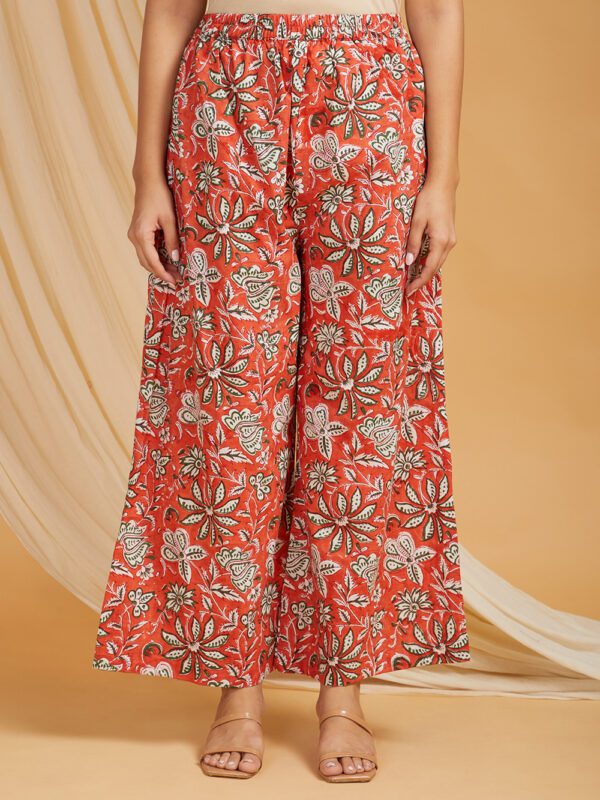 Hand Embroidered Orange Hand Block Printed Cotton Straight Kurta with Palazzo Set of 2 - Image 2
