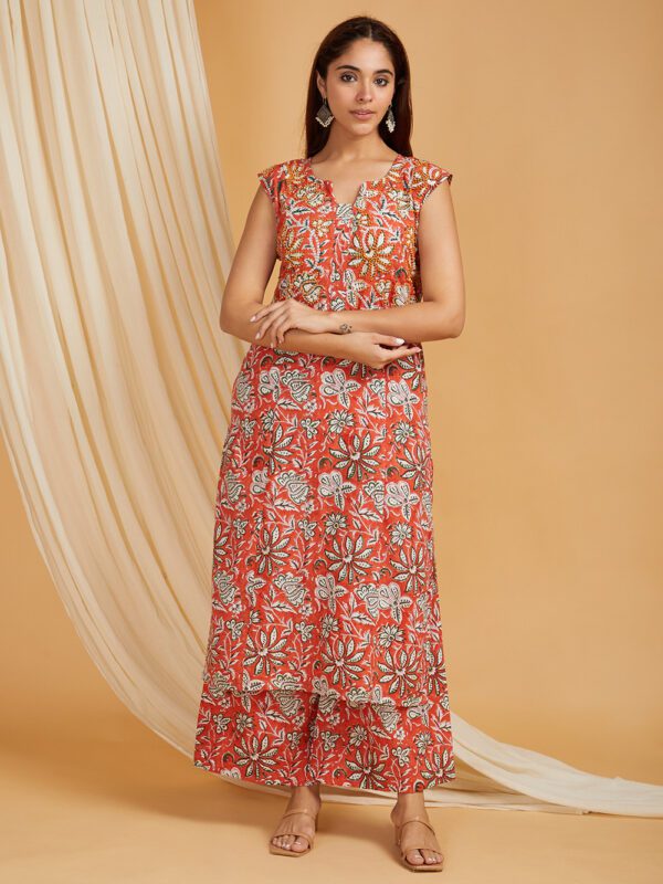 Hand Embroidered Orange Hand Block Printed Cotton Straight Kurta with Palazzo Set of 2
