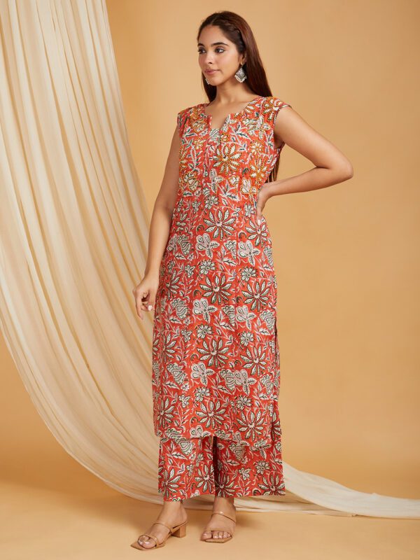 Hand Embroidered Orange Hand Block Printed Cotton Straight Kurta with Palazzo Set of 2 - Image 5
