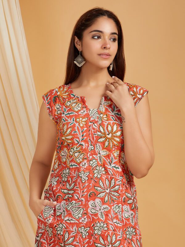 Hand Embroidered Orange Hand Block Printed Cotton Straight Kurta with Palazzo Set of 2 - Image 6