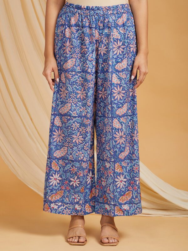 Hand Embroidered Pink - Blue Hand Block Printed Cotton A-Line Kurta and Palazzo Set of 2 - Image 2