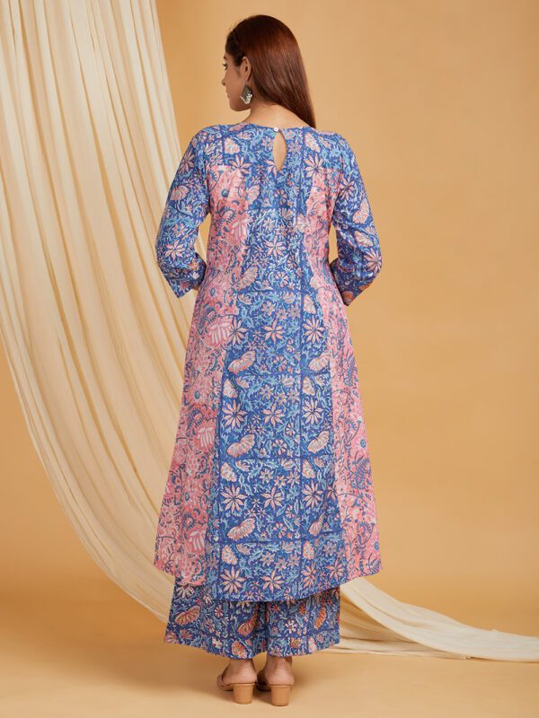 Hand Embroidered Pink - Blue Hand Block Printed Cotton A-Line Kurta and Palazzo Set of 2 - Image 3