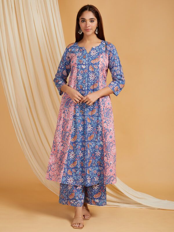 Hand Embroidered Pink - Blue Hand Block Printed Cotton A-Line Kurta and Palazzo Set of 2