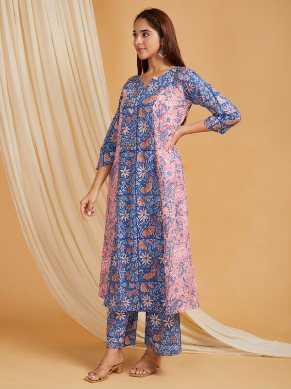 Hand Embroidered Pink - Blue Hand Block Printed Cotton A-Line Kurta and Palazzo Set of 2 - Image 5