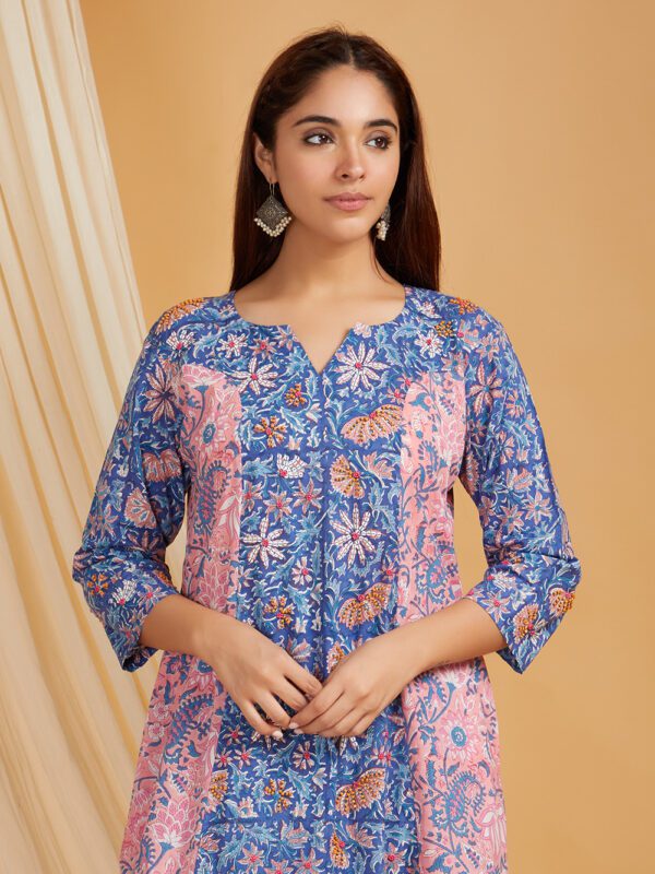 Hand Embroidered Pink - Blue Hand Block Printed Cotton A-Line Kurta and Palazzo Set of 2 - Image 6