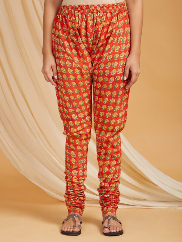 Hand Embroidered Orange Hand Block Printed Cotton Flare Kurta with Churidaar bottom Set of 2 - Image 2