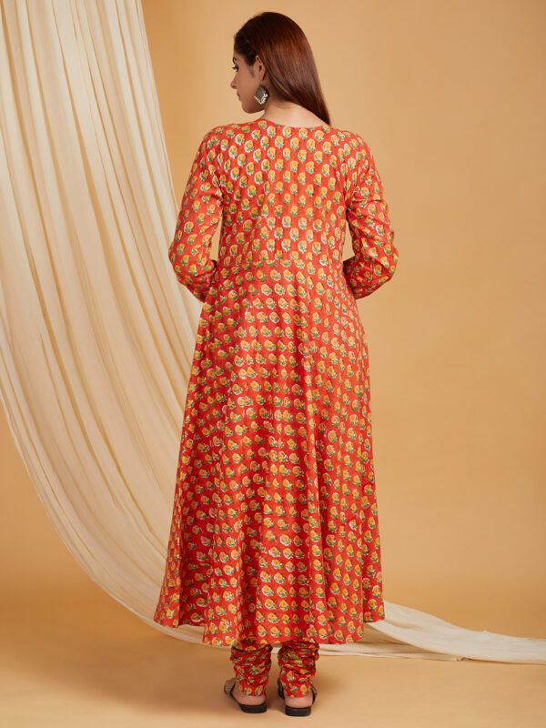 Hand Embroidered Orange Hand Block Printed Cotton Flare Kurta with Churidaar bottom Set of 2 - Image 3