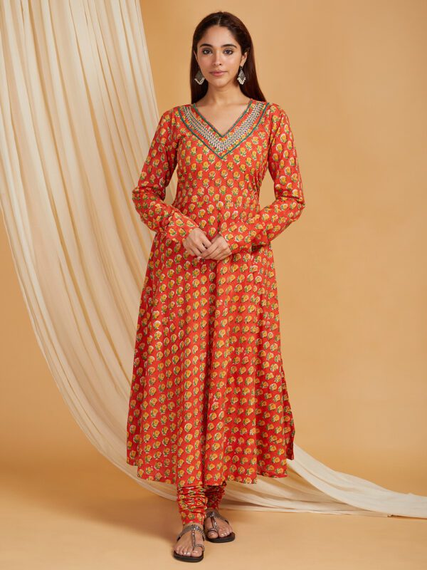 Hand Embroidered Orange Hand Block Printed Cotton Flare Kurta with Churidaar bottom Set of 2