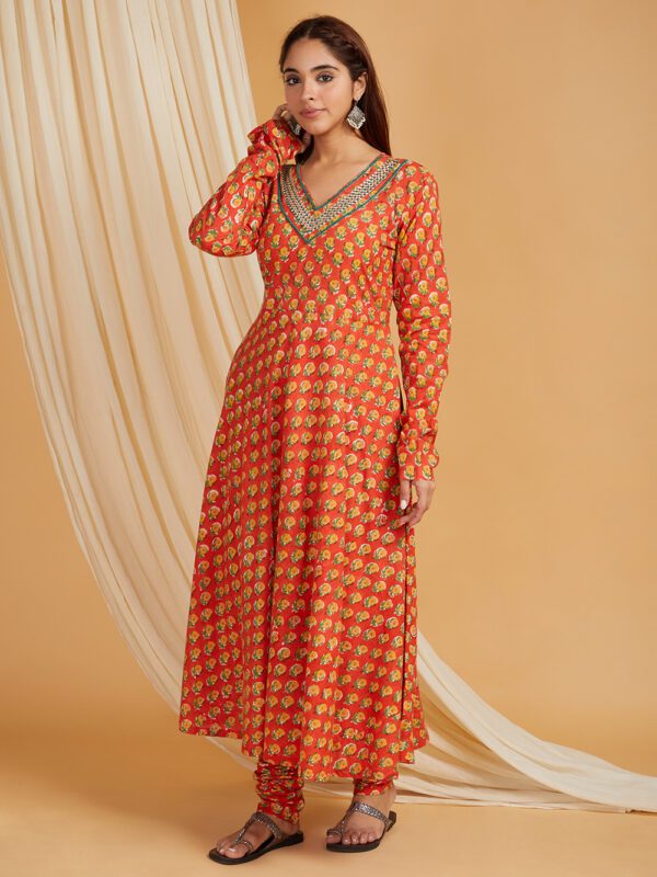 Hand Embroidered Orange Hand Block Printed Cotton Flare Kurta with Churidaar bottom Set of 2 - Image 5