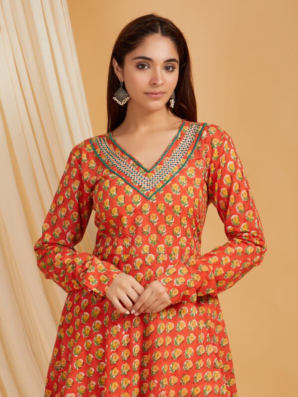 Hand Embroidered Orange Hand Block Printed Cotton Flare Kurta with Churidaar bottom Set of 2 - Image 6