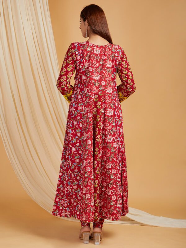 Red Hand Block Printed Cotton Flared Kurta with Churidaar Pants Set of 2 - Image 3