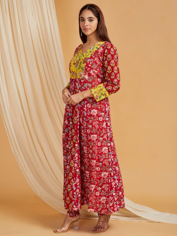 Red Hand Block Printed Cotton Flared Kurta with Churidaar Pants Set of 2