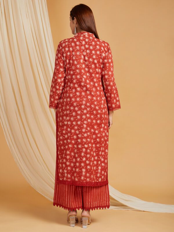 Rust color Hand Block Printed Vanaspati Ajrakh Straight kurta and palazzo Set of 2 - Image 3