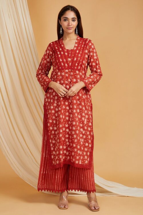 Rust color Hand Block Printed Vanaspati Ajrakh Straight kurta and palazzo Set of 2