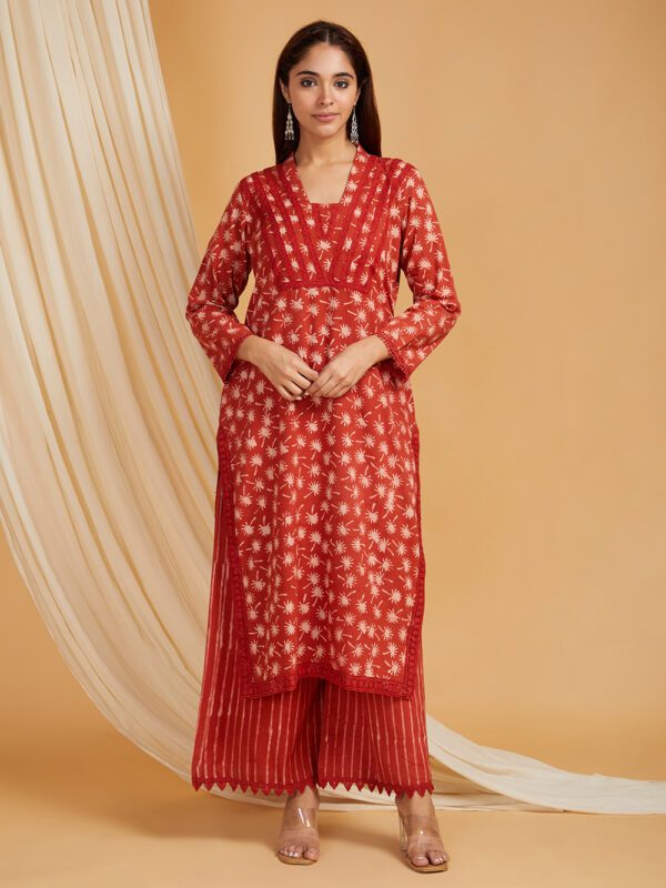 Rust color Hand Block Printed Vanaspati Ajrakh Straight kurta and palazzo Set of 2