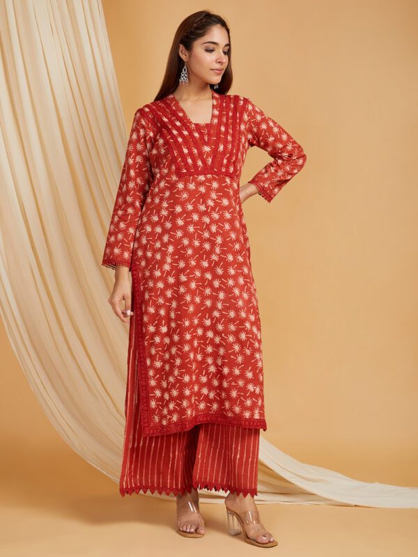 Rust color Hand Block Printed Vanaspati Ajrakh Straight kurta and palazzo Set of 2 - Image 5