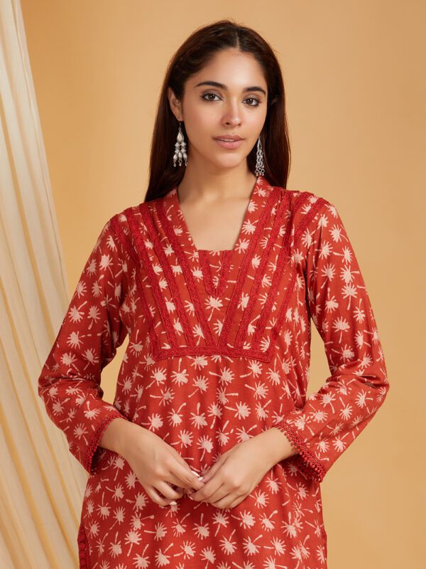 Rust color Hand Block Printed Vanaspati Ajrakh Straight kurta and palazzo Set of 2 - Image 6
