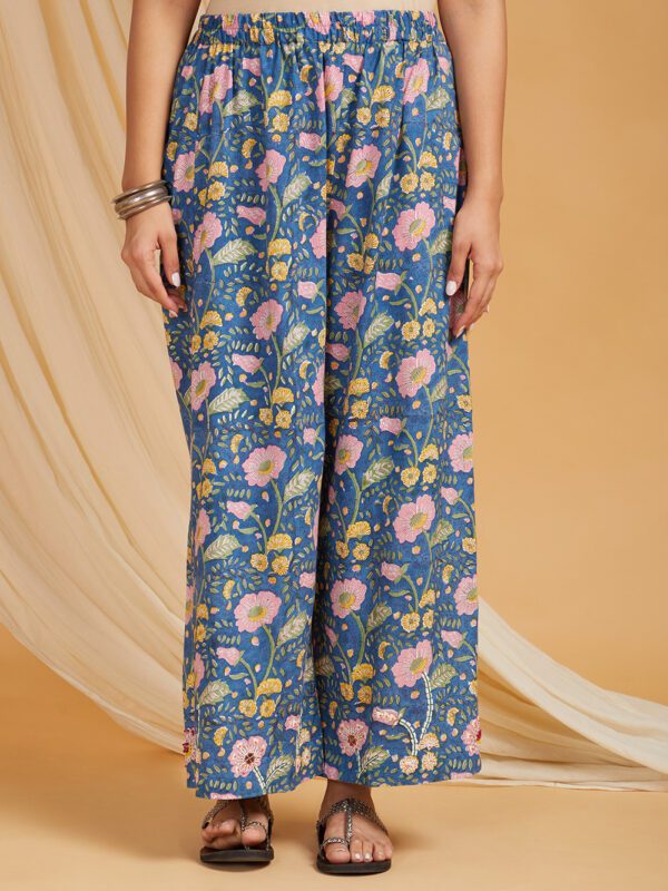 Hand Embroidered Blue Hand Block Printed Cotton A-Line Kurta with Palazzo Set of 2 - Image 2