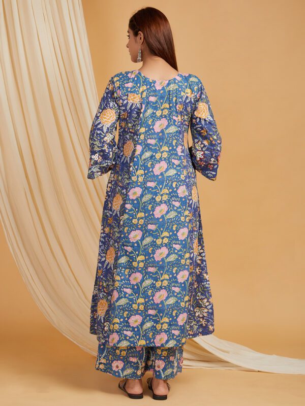 Hand Embroidered Blue Hand Block Printed Cotton A-Line Kurta with Palazzo Set of 2 - Image 3