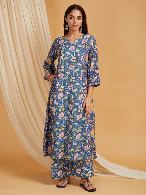 Hand Embroidered Blue Hand Block Printed Cotton A-Line Kurta with Palazzo Set of 2