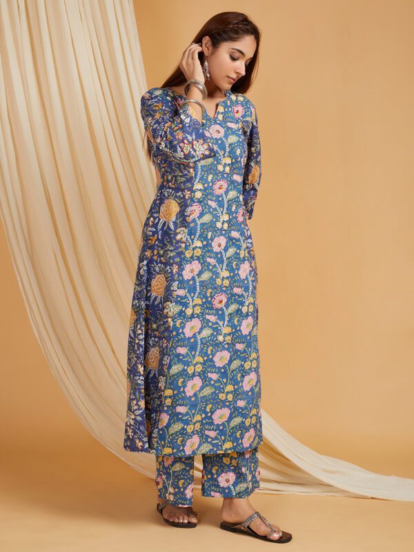 Hand Embroidered Blue Hand Block Printed Cotton A-Line Kurta with Palazzo Set of 2 - Image 5