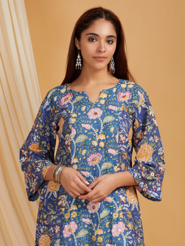 Hand Embroidered Blue Hand Block Printed Cotton A-Line Kurta with Palazzo Set of 2 - Image 6