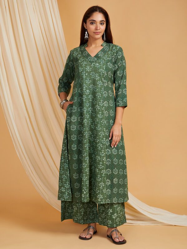 Hand Block Printed Cotton A-Line Kurta with Palazzo Set of 2