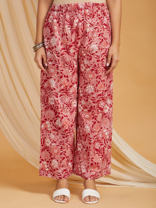 Hand Embroidered Pink - Blue Hand Block Printed Cotton V-Neck A-Line Kurta with 3/4th sleeves, side pockets and Palazzo - Image 2