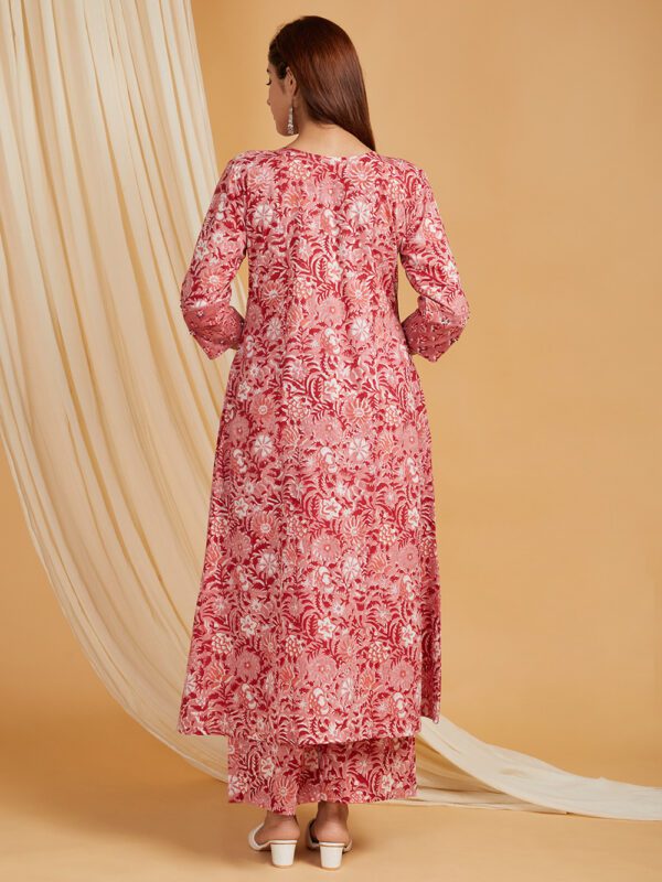 Hand Embroidered Pink - Blue Hand Block Printed Cotton V-Neck A-Line Kurta with 3/4th sleeves, side pockets and Palazzo - Image 3