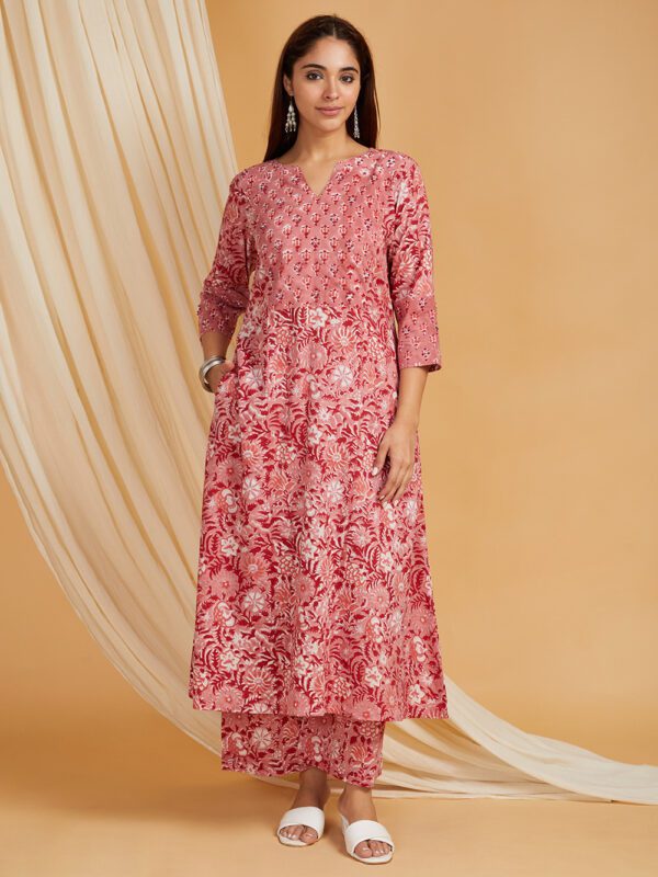 Hand Embroidered Pink - Blue Hand Block Printed Cotton V-Neck A-Line Kurta with 3/4th sleeves, side pockets and Palazzo