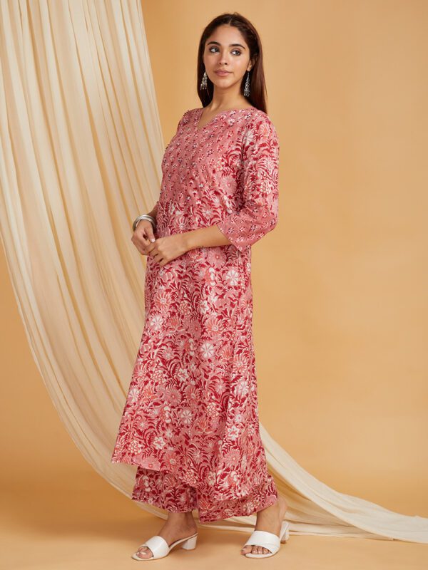Hand Embroidered Pink - Blue Hand Block Printed Cotton V-Neck A-Line Kurta with 3/4th sleeves, side pockets and Palazzo - Image 5