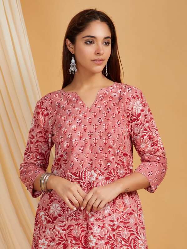 Hand Embroidered Pink - Blue Hand Block Printed Cotton V-Neck A-Line Kurta with 3/4th sleeves, side pockets and Palazzo - Image 6