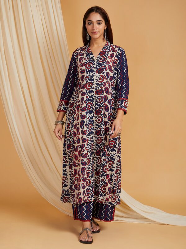 Indigo Dabu Hand Block Printed A-Line Kurta with Palazzo Set of 2 - Image 3