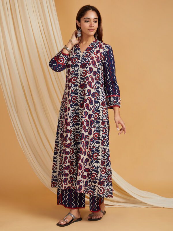 Indigo Dabu Hand Block Printed A-Line Kurta with Palazzo Set of 2
